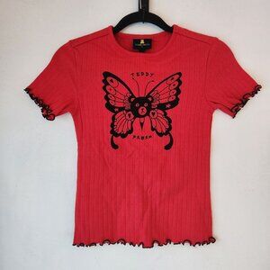 Teddy Fresh Red Bear Butterfly Y2K T-Shirt Tee Crop Top Women's XS